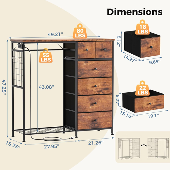Roomisland 6 Drawer Dresser with Charging Station and LED Lights, Fabric Dresser with Hanging Rack, Closet Organizer Storage Tower for Bedroom, Living Room, Apartment