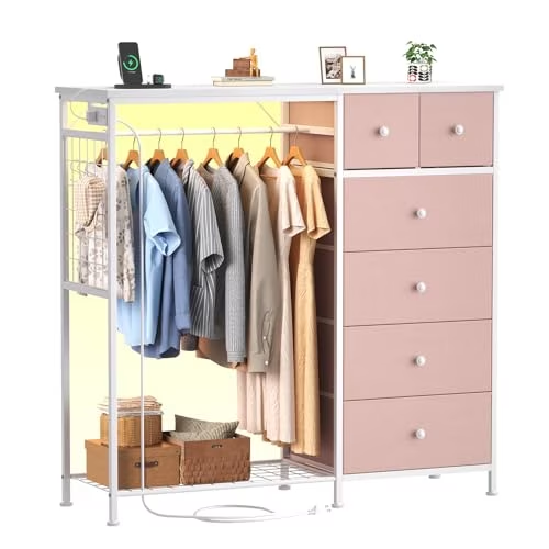 Roomisland 6 Drawer Dresser with Charging Station and LED Lights, Fabric Dresser with Hanging Rack, Closet Organizer Storage Tower for Bedroom, Living Room, Apartment