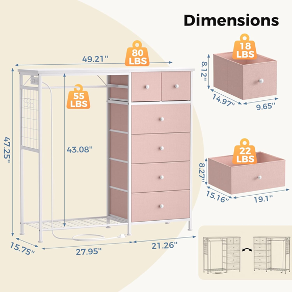 Roomisland 6 Drawer Dresser with Charging Station and LED Lights, Fabric Dresser with Hanging Rack, Closet Organizer Storage Tower for Bedroom, Living Room, Apartment