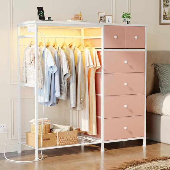 Roomisland 6 Drawer Dresser with Charging Station and LED Lights, Fabric Dresser with Hanging Rack, Closet Organizer Storage Tower for Bedroom, Living Room, Apartment