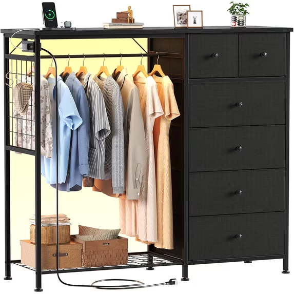 Roomisland 6 Drawer Dresser with Charging Station and LED Lights, Fabric Dresser with Hanging Rack, Closet Organizer Storage Tower for Bedroom, Living Room, Apartment