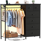 Roomisland 6 Drawer Dresser with Charging Station and LED Lights, Fabric Dresser with Hanging Rack, Closet Organizer Storage Tower for Bedroom, Living Room, Apartment