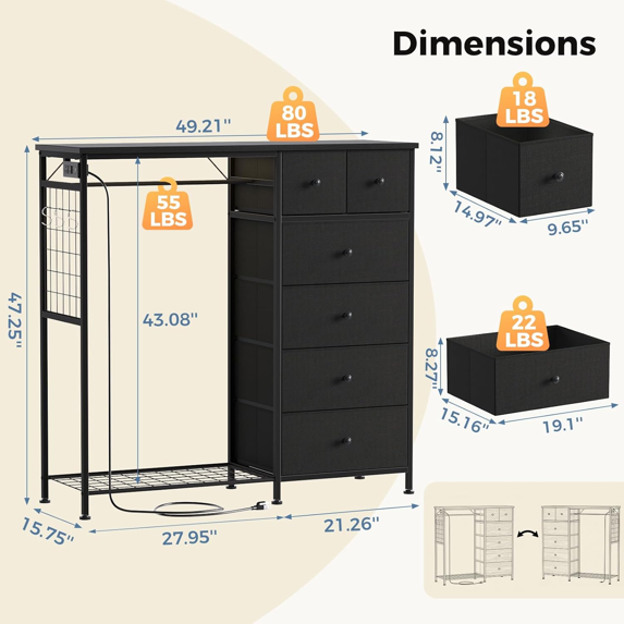 Roomisland 6 Drawer Dresser with Charging Station and LED Lights, Fabric Dresser with Hanging Rack, Closet Organizer Storage Tower for Bedroom, Living Room, Apartment