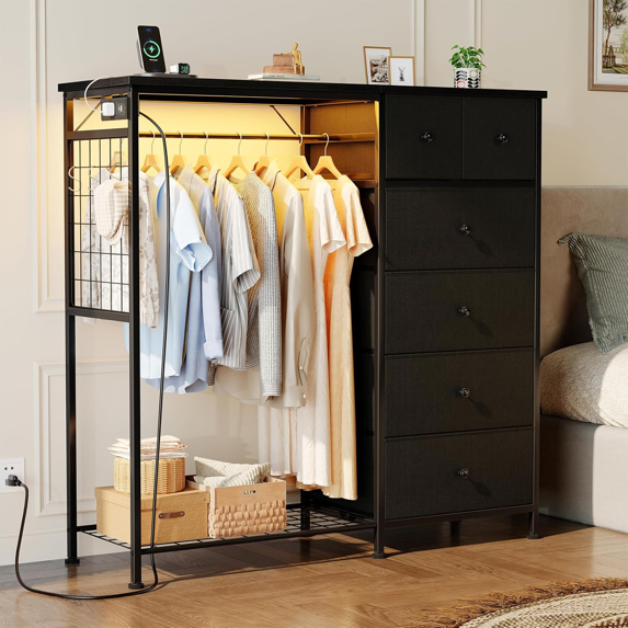 Roomisland 6 Drawer Dresser with Charging Station and LED Lights, Fabric Dresser with Hanging Rack, Closet Organizer Storage Tower for Bedroom, Living Room, Apartment