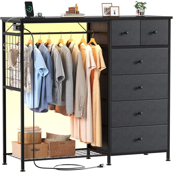 Roomisland 6 Drawer Dresser with Charging Station and LED Lights, Fabric Dresser with Hanging Rack, Closet Organizer Storage Tower for Bedroom, Living Room, Apartment