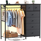 Roomisland 6 Drawer Dresser with Charging Station and LED Lights, Fabric Dresser with Hanging Rack, Closet Organizer Storage Tower for Bedroom, Living Room, Apartment