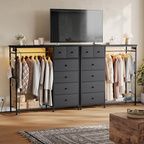 Roomisland 6 Drawer Dresser with Charging Station and LED Lights, Fabric Dresser with Hanging Rack, Closet Organizer Storage Tower for Bedroom, Living Room, Apartment