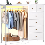 Roomisland 6 Drawer Dresser with Charging Station and LED Lights, Fabric Dresser with Hanging Rack, Closet Organizer Storage Tower for Bedroom, Living Room, Apartment