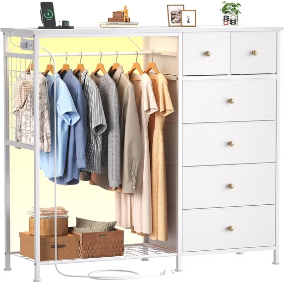 Roomisland 6 Drawer Dresser with Charging Station and LED Lights, Fabric Dresser with Hanging Rack, Closet Organizer Storage Tower for Bedroom, Living Room, Apartment