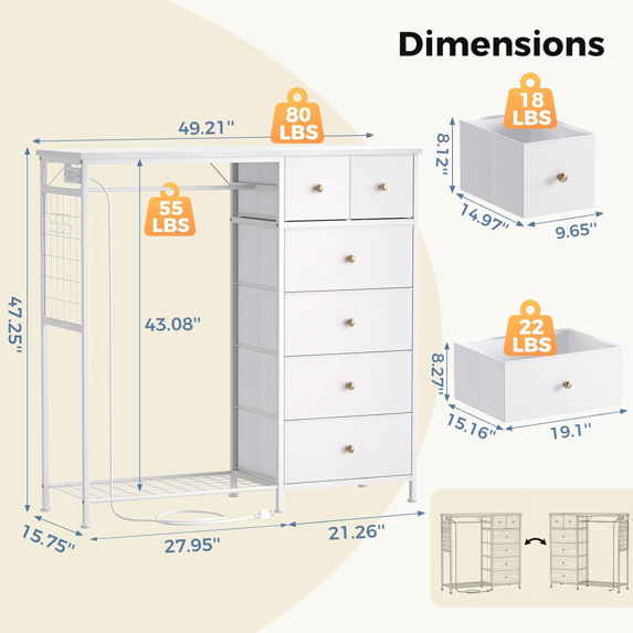 Roomisland 6 Drawer Dresser with Charging Station and LED Lights, Fabric Dresser with Hanging Rack, Closet Organizer Storage Tower for Bedroom, Living Room, Apartment