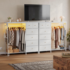 Roomisland 6 Drawer Dresser with Charging Station and LED Lights, Fabric Dresser with Hanging Rack, Closet Organizer Storage Tower for Bedroom, Living Room, Apartment
