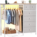 Roomisland 6 Drawer Dresser with Charging Station and LED Lights, Fabric Dresser with Hanging Rack, Closet Organizer Storage Tower for Bedroom, Living Room, Apartment