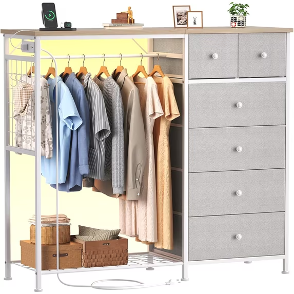 Roomisland 6 Drawer Dresser with Charging Station and LED Lights, Fabric Dresser with Hanging Rack, Closet Organizer Storage Tower for Bedroom, Living Room, Apartment