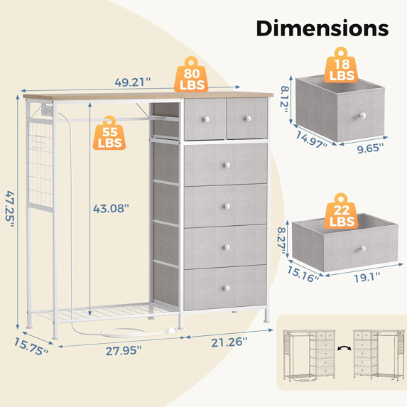 Roomisland 6 Drawer Dresser with Charging Station and LED Lights, Fabric Dresser with Hanging Rack, Closet Organizer Storage Tower for Bedroom, Living Room, Apartment
