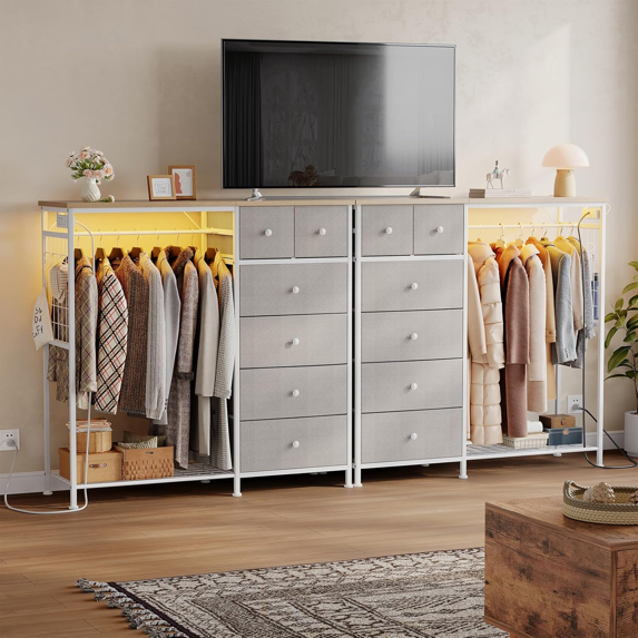 Roomisland 6 Drawer Dresser with Charging Station and LED Lights, Fabric Dresser with Hanging Rack, Closet Organizer Storage Tower for Bedroom, Living Room, Apartment