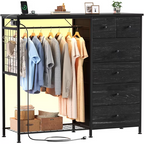 Roomisland 6 Drawer Dresser with Charging Station and LED Lights, Fabric Dresser with Hanging Rack, Closet Organizer Storage Tower for Bedroom, Living Room, Apartment