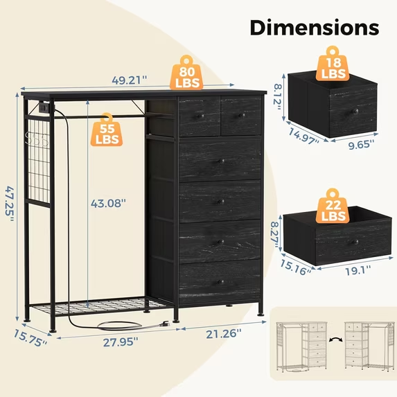 Roomisland 6 Drawer Dresser with Charging Station and LED Lights, Fabric Dresser with Hanging Rack, Closet Organizer Storage Tower for Bedroom, Living Room, Apartment