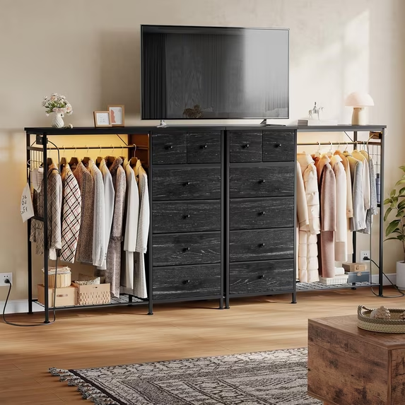 Roomisland 6 Drawer Dresser with Charging Station and LED Lights, Fabric Dresser with Hanging Rack, Closet Organizer Storage Tower for Bedroom, Living Room, Apartment
