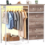 Roomisland 6 Drawer Dresser with Charging Station and LED Lights, Fabric Dresser with Hanging Rack, Closet Organizer Storage Tower for Bedroom, Living Room, Apartment