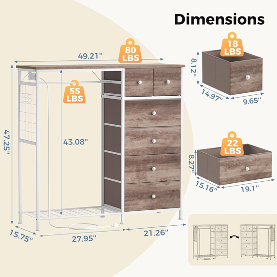 Roomisland 6 Drawer Dresser with Charging Station and LED Lights, Fabric Dresser with Hanging Rack, Closet Organizer Storage Tower for Bedroom, Living Room, Apartment