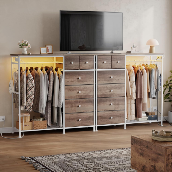 Roomisland 6 Drawer Dresser with Charging Station and LED Lights, Fabric Dresser with Hanging Rack, Closet Organizer Storage Tower for Bedroom, Living Room, Apartment