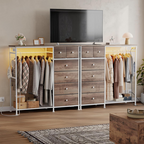 Roomisland 6 Drawer Dresser with Charging Station and LED Lights, Fabric Dresser with Hanging Rack, Closet Organizer Storage Tower for Bedroom, Living Room, Apartment