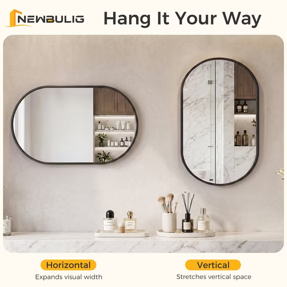 Roomisland Oval Wall Mirror Black 20"x30", Brushed Metal Frame Vanity Mirror, Tempered Glass, Wall Mount Mirror for Bathroom, Bedroom, Entryway, Living Room, Horizontal/Vertical
