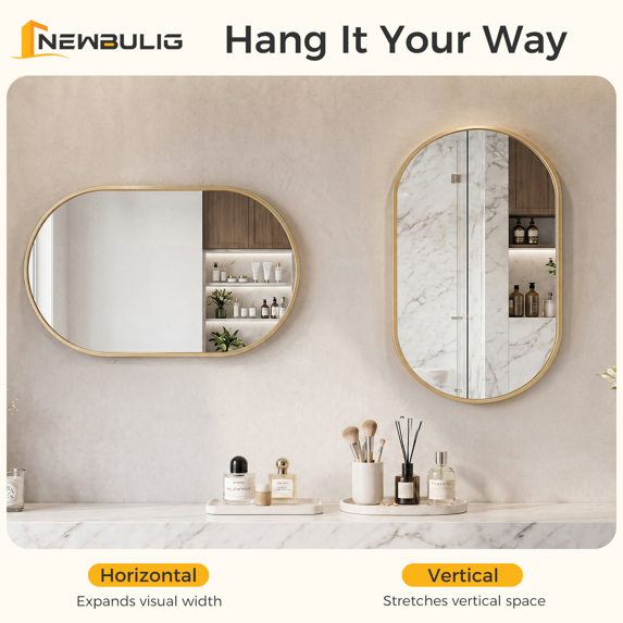 Roomisland Oval Wall Mirror Gold 20"x30", Brushed Metal Frame Vanity Mirror, Tempered Glass, Wall Mount Mirror for Bathroom, Bedroom, Entryway, Living Room, Horizontal/Vertical