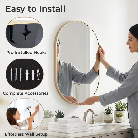 Roomisland Oval Wall Mirror Gold 20"x30", Brushed Metal Frame Vanity Mirror, Tempered Glass, Wall Mount Mirror for Bathroom, Bedroom, Entryway, Living Room, Horizontal/Vertical