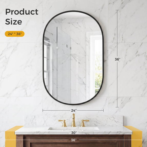 Roomisland Oval Wall Mirror Black 24"x36", Brushed Metal Frame Vanity Mirror, Tempered Glass, Wall Mount Mirror for Bathroom, Bedroom, Entryway, Living Room, Horizontal/Vertical