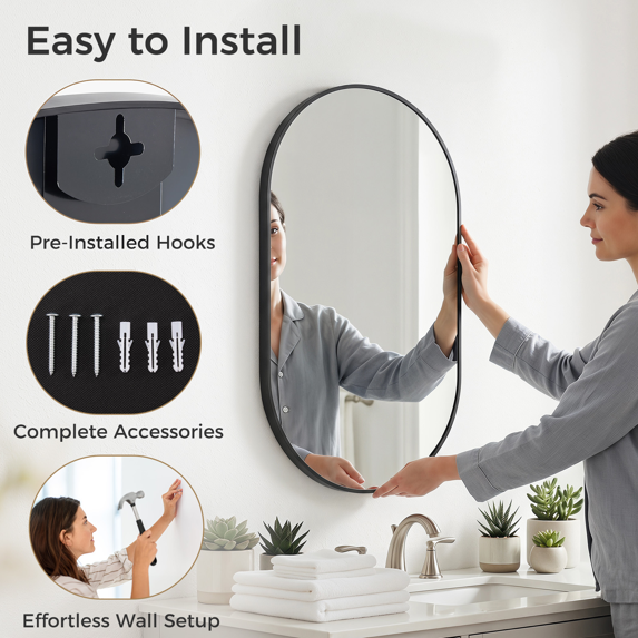 Roomisland Oval Wall Mirror Black 24"x36", Brushed Metal Frame Vanity Mirror, Tempered Glass, Wall Mount Mirror for Bathroom, Bedroom, Entryway, Living Room, Horizontal/Vertical