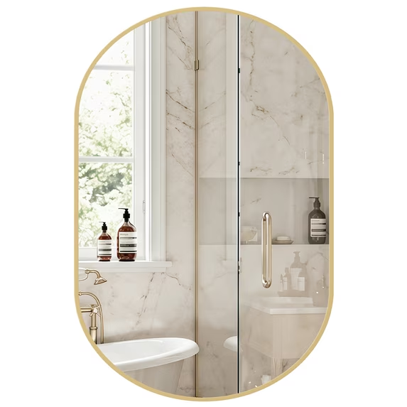 Roomisland Oval Wall Mirror Gold 24"x36", Brushed Metal Frame Vanity Mirror, Tempered Glass, Wall Mount Mirror for Bathroom, Bedroom, Entryway, Living Room, Horizontal/Vertical
