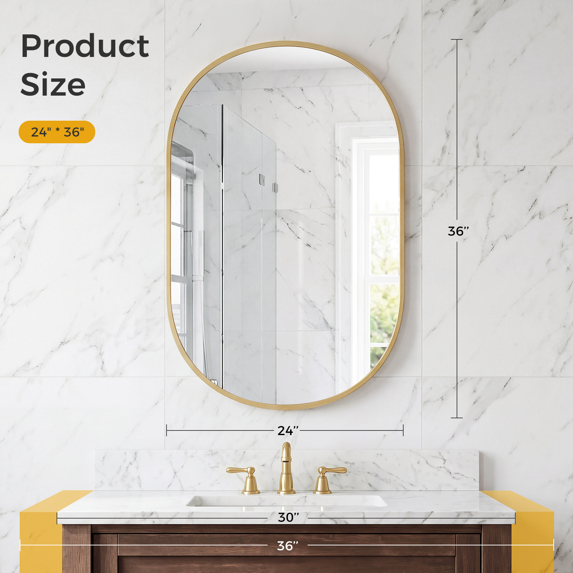 Roomisland Oval Wall Mirror Gold 24"x36", Brushed Metal Frame Vanity Mirror, Tempered Glass, Wall Mount Mirror for Bathroom, Bedroom, Entryway, Living Room, Horizontal/Vertical