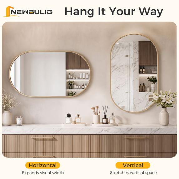 Roomisland Oval Wall Mirror Gold 24"x36", Brushed Metal Frame Vanity Mirror, Tempered Glass, Wall Mount Mirror for Bathroom, Bedroom, Entryway, Living Room, Horizontal/Vertical