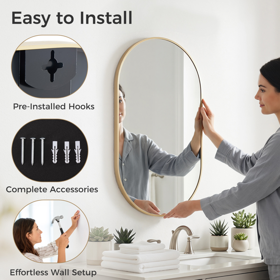 Roomisland Oval Wall Mirror Gold 24"x36", Brushed Metal Frame Vanity Mirror, Tempered Glass, Wall Mount Mirror for Bathroom, Bedroom, Entryway, Living Room, Horizontal/Vertical