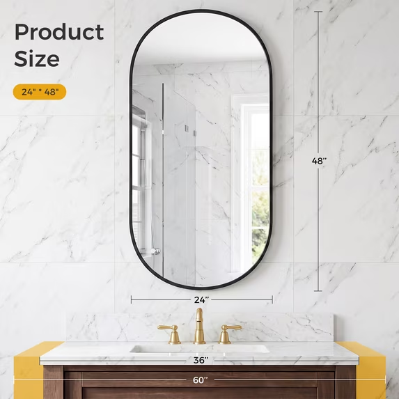 Roomisland Oval Wall Mirror Black 24"x48", Brushed Metal Frame Vanity Mirror, Tempered Glass, Wall Mount Mirror for Bathroom, Bedroom, Entryway, Living Room, Horizontal/Vertical