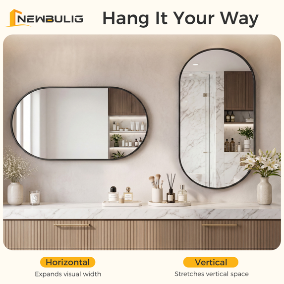 Roomisland Oval Wall Mirror Black 24"x48", Brushed Metal Frame Vanity Mirror, Tempered Glass, Wall Mount Mirror for Bathroom, Bedroom, Entryway, Living Room, Horizontal/Vertical