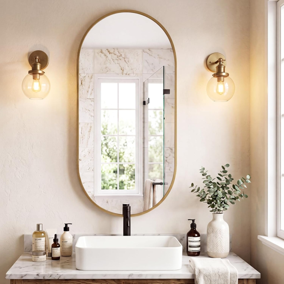 Roomisland Oval Wall Mirror Gold 24"x48", Brushed Metal Frame Vanity Mirror, Tempered Glass, Wall Mount Mirror for Bathroom, Bedroom, Entryway, Living Room, Horizontal/Vertical