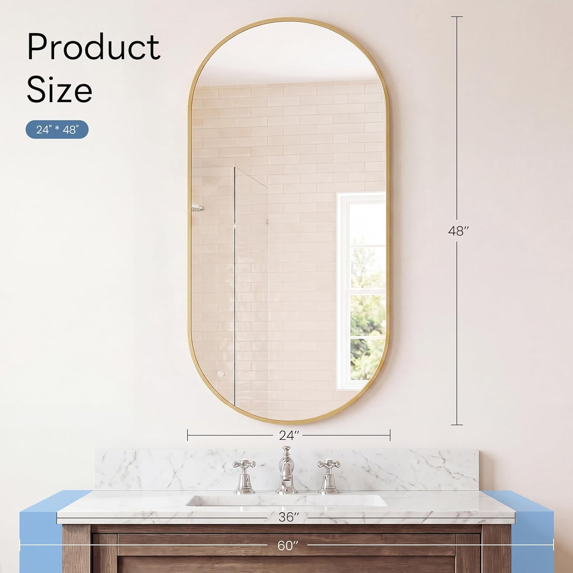 Roomisland Oval Wall Mirror Gold 24"x48", Brushed Metal Frame Vanity Mirror, Tempered Glass, Wall Mount Mirror for Bathroom, Bedroom, Entryway, Living Room, Horizontal/Vertical