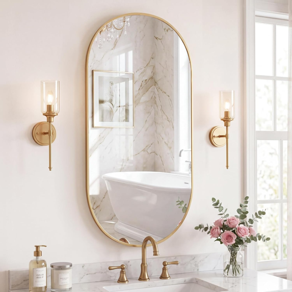 Roomisland Oval Wall Mirror Gold 24"x48", Brushed Metal Frame Vanity Mirror, Tempered Glass, Wall Mount Mirror for Bathroom, Bedroom, Entryway, Living Room, Horizontal/Vertical