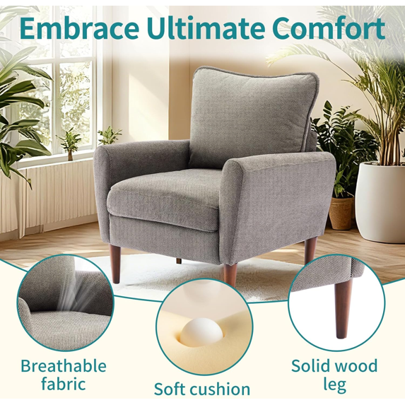 Roomisland Accent Chair, Comfy Lounge Chair with Pillow and Solid Wood Legs, Upholstered Modern Sofa for Living Room, Bedroom, Waiting Room, Office