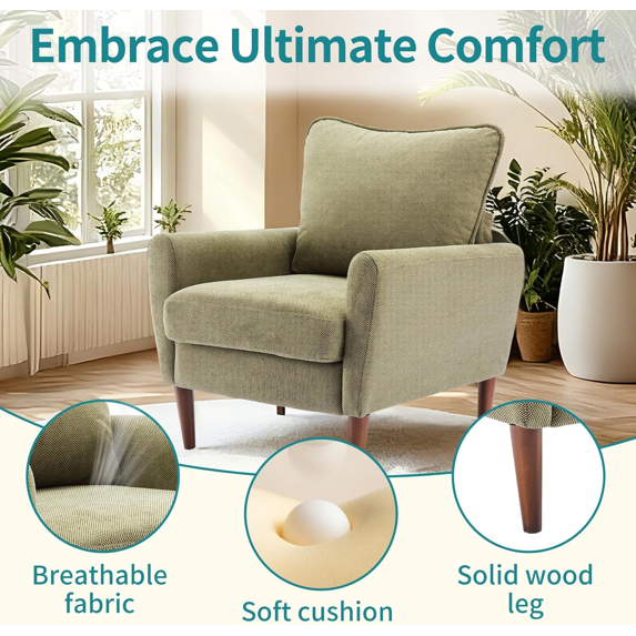 Roomisland Accent Chair, Comfy Lounge Chair with Pillow and Solid Wood Legs, Upholstered Modern Sofa for Living Room, Bedroom, Waiting Room, Office