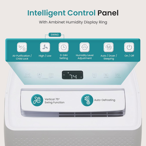 Roomisland 30 Pint Dehumidifier for Basement, 38dB Quiet, Precise Humidity Control, Drain Hose & 4.5L Water Tank, Small 2000 Sq.ft Dehumidifiers, Smart Humidity Ring, Ideal for Home, Bedroom