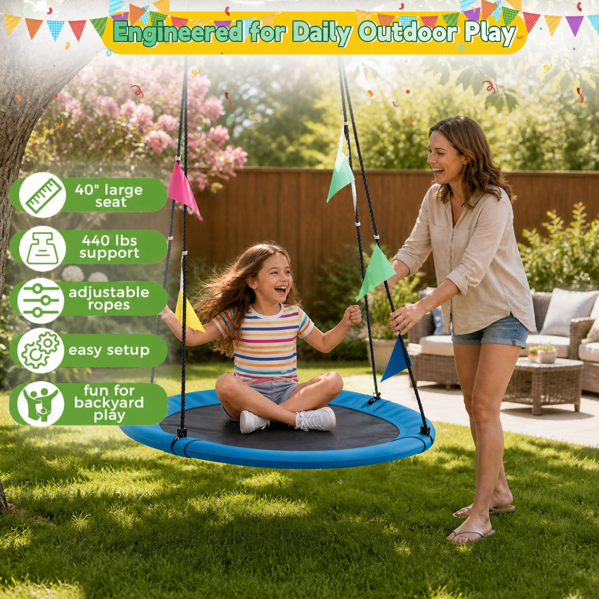 40 Inch Saucer Tree Swing, Heavy Duty Round Swing Seat for Kids & Adults, Adjustable Ropes, Waterproof Outdoor Backyard Playground