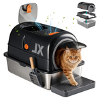 Roomisland Stainless Steel Litter Box with Lid, 3 in 1 Covered Metal Cat Litter Box,High Sided Anti-Leak Cat Box with Scoop & Mat, Front & Top Entry Easy Cleaning