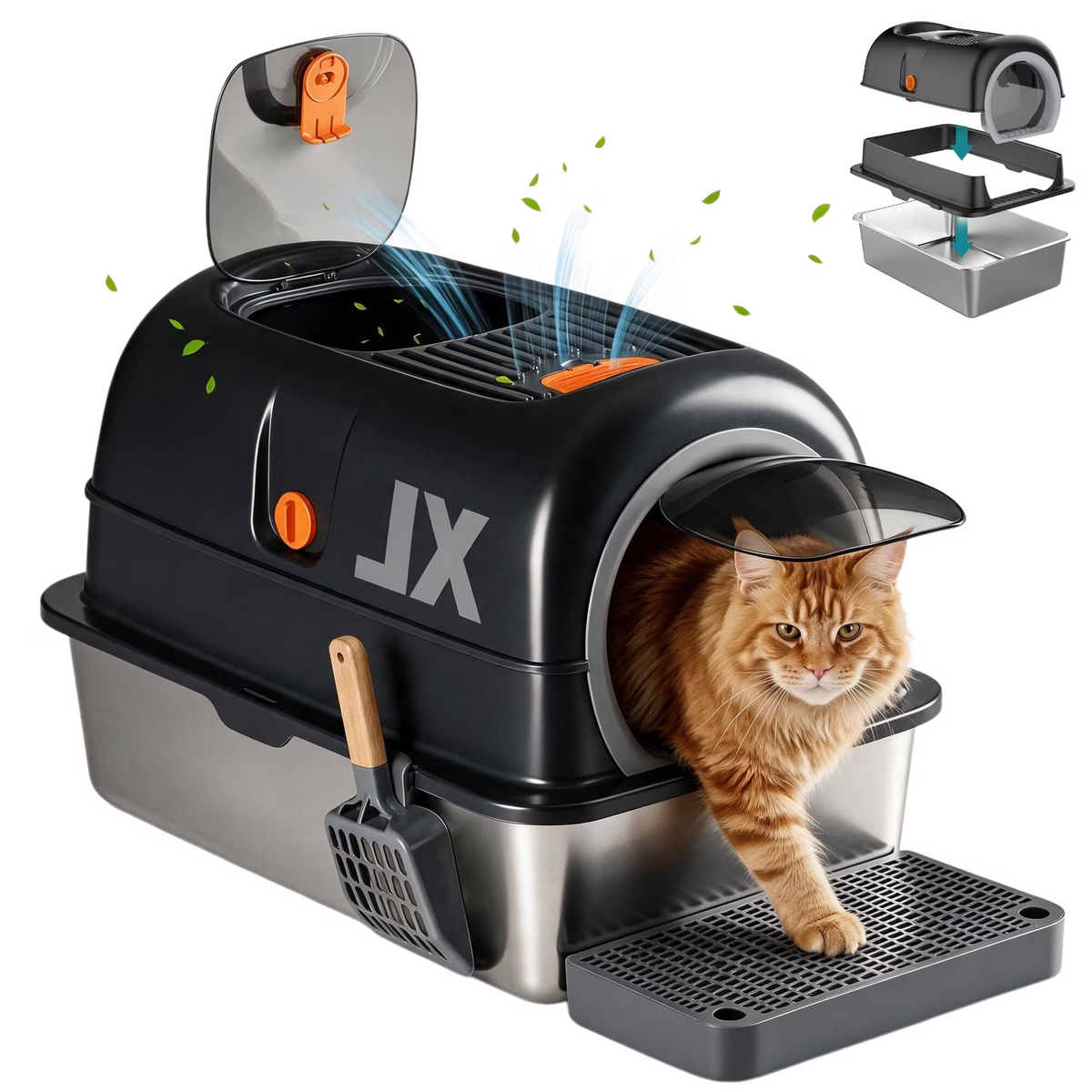 Roomisland Stainless Steel Litter Box with Lid, 3 in 1 Covered Metal Cat Litter Box,High Sided Anti-Leak Cat Box with Scoop & Mat, Front & Top Entry Easy Cleaning