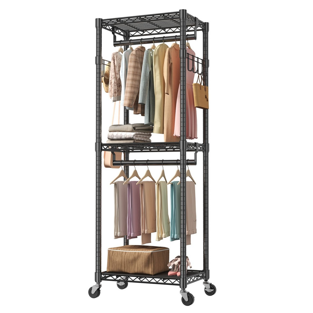 Roomisland Clothes Rack Heavy Duty, 3-Tier Rolling Garment Rack with Double Hanging Rods & Side Hooks, Adjustable Wire Shelving for Bedroom, Laundry Room