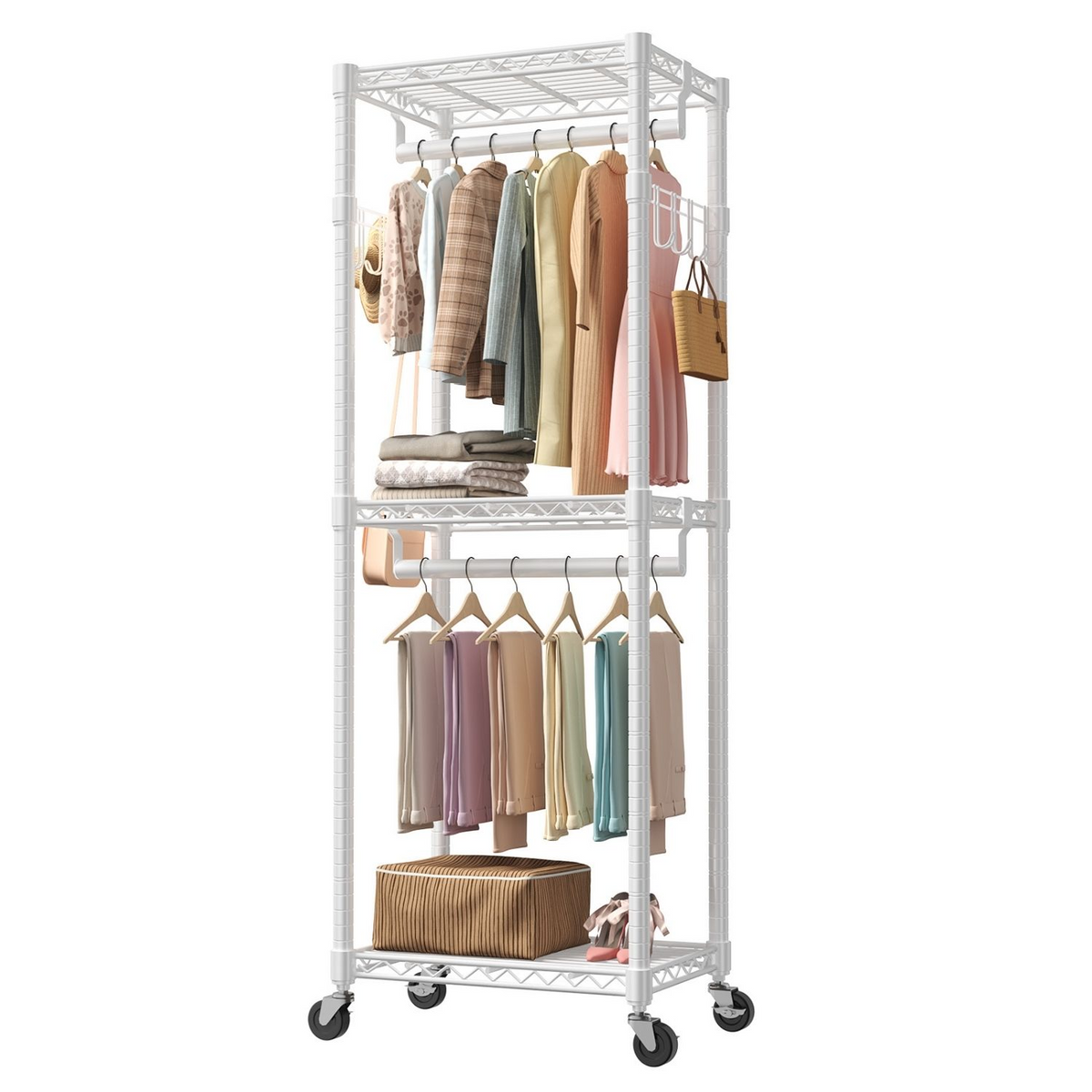 Roomisland Clothes Rack Heavy Duty, 3-Tier Rolling Garment Rack with Double Hanging Rods & Side Hooks, Adjustable Wire Shelving for Bedroom, Laundry Room