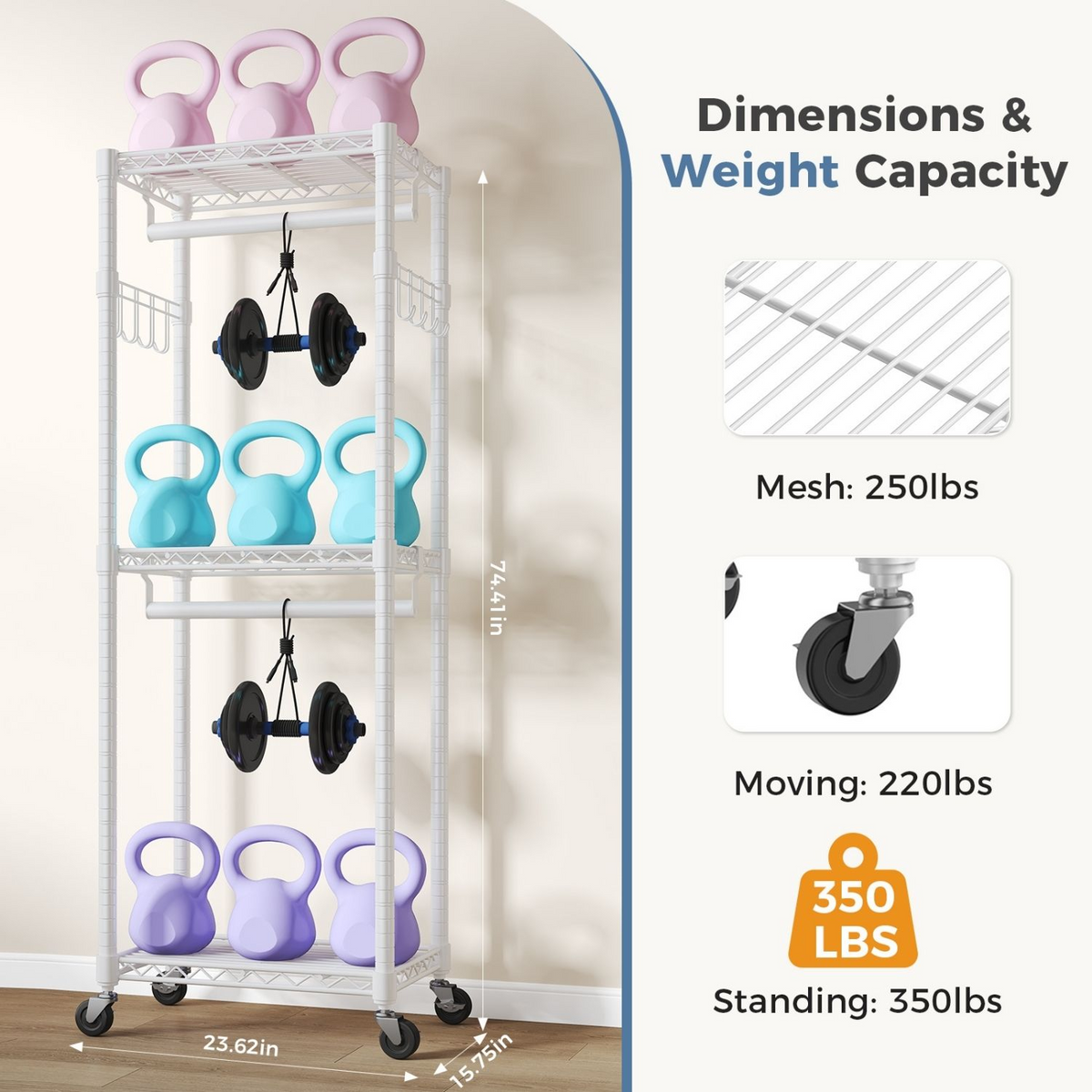Roomisland Clothes Rack Heavy Duty, 3-Tier Rolling Garment Rack with Double Hanging Rods & Side Hooks, Adjustable Wire Shelving for Bedroom, Laundry Room