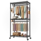 Roomisland Clothes Rack Heavy Duty, 3-Tier Rolling Garment Rack with Double Hanging Rods & Side Hooks, Adjustable Wire Shelving for Bedroom, Laundry Room